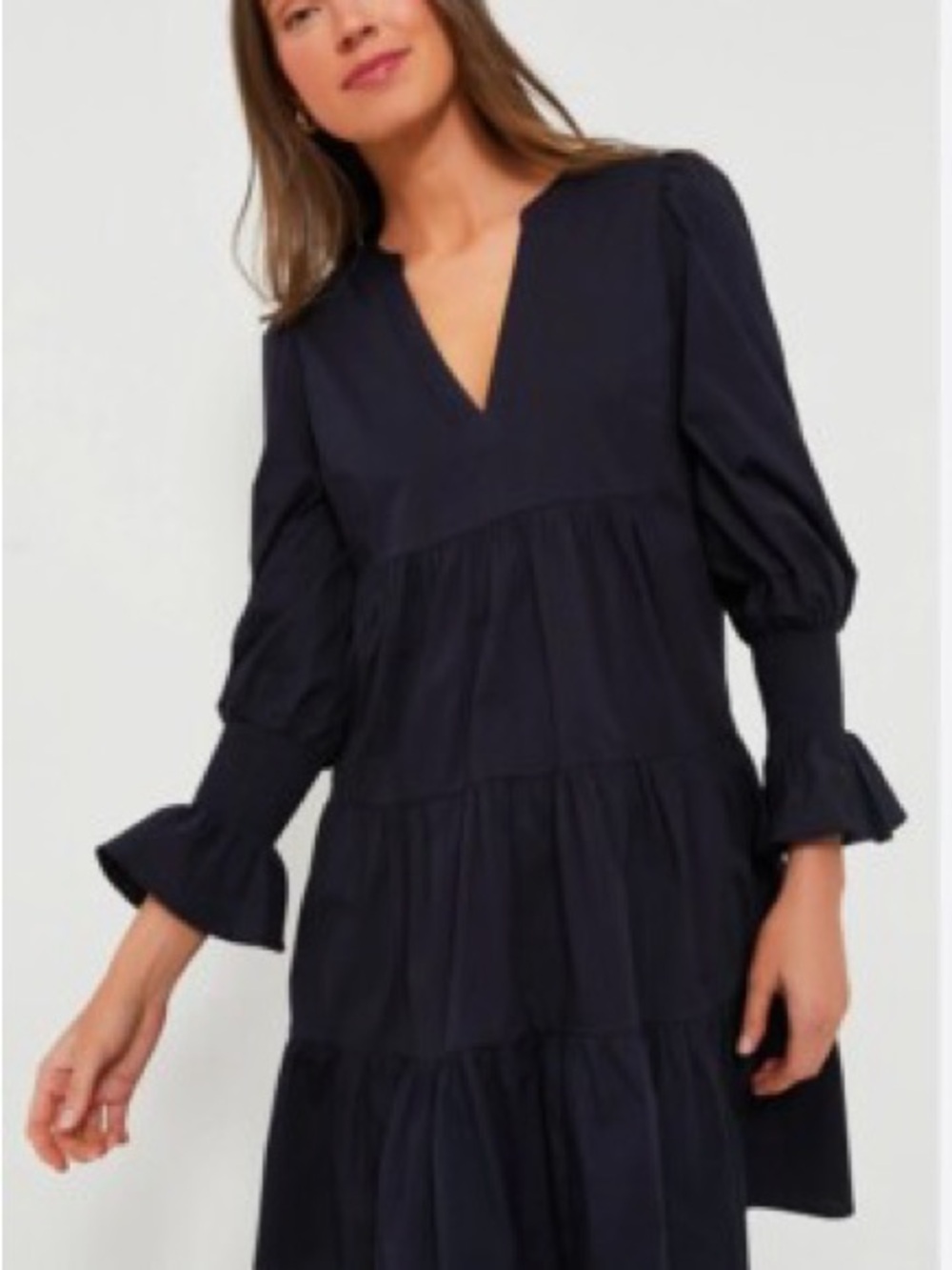 Pomander Place  Navy V-Neck Tiered Long-Sleeve Dress